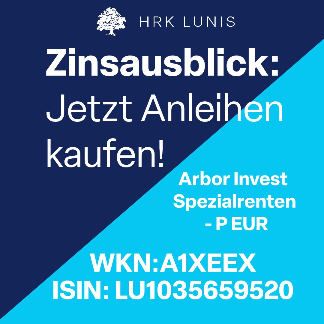 Schriftzug "Zinsausblick: Jetzt Anleihen kaufen! Abor Invest Spezialrenten -p EUR WKN: A1XEEX ISIN: LU1035659520