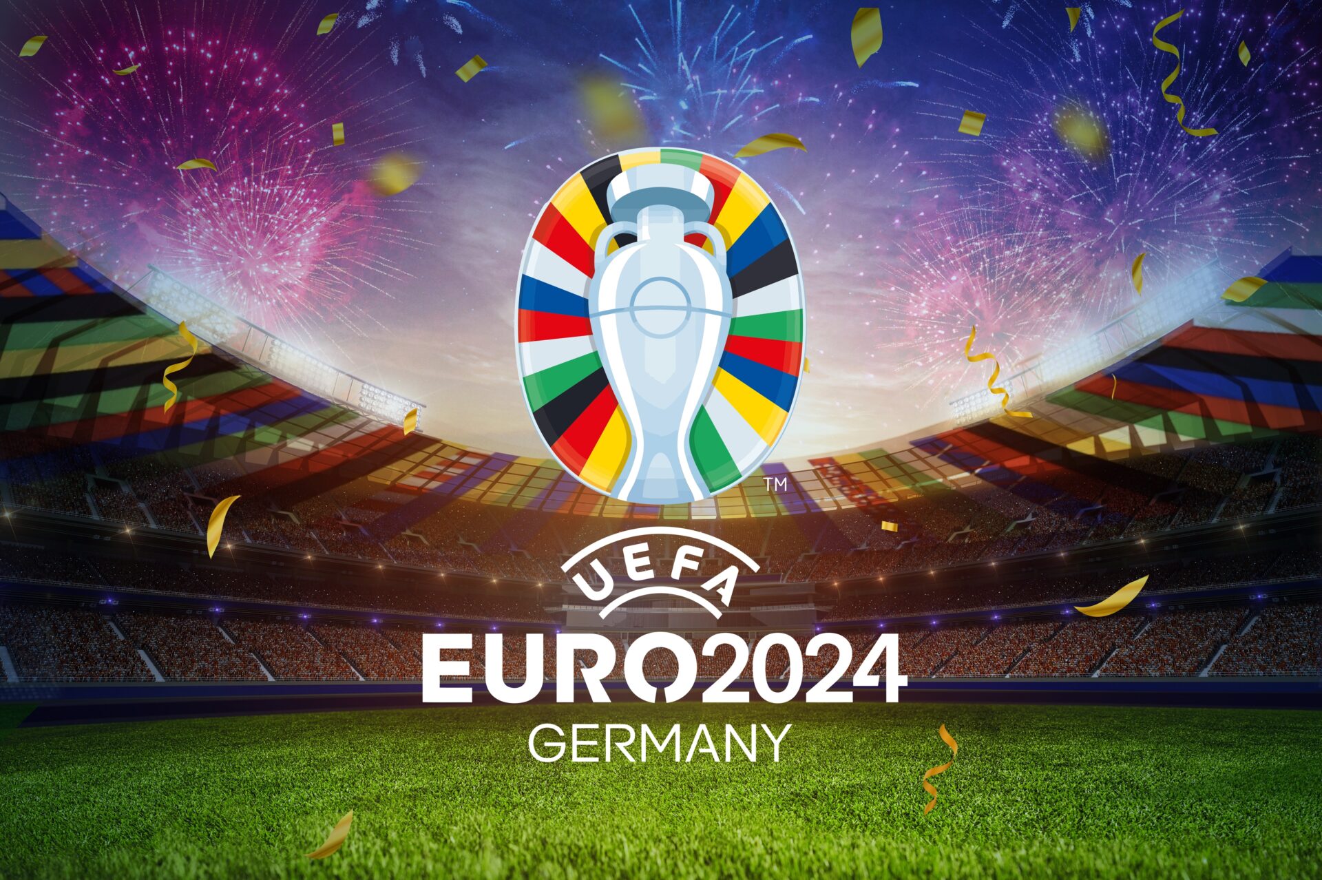 Fußballstadion im Hintergrund, im Vordergrund Logo der UEFA EURO 2024
