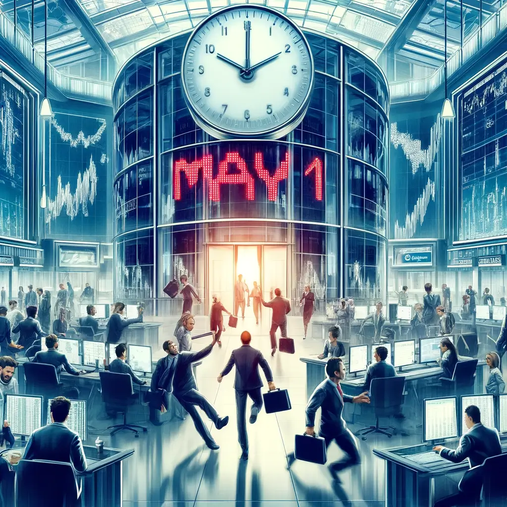 Illustration May 1 mit vielen arbeitenden Menschen und großer Uhr