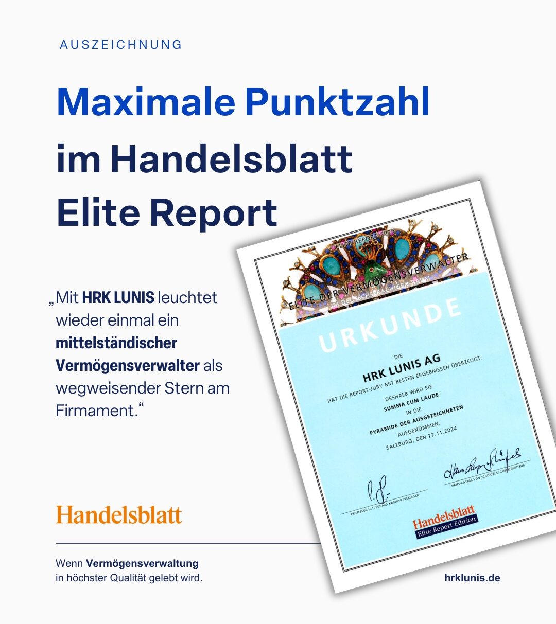 Grafik Auszeichnung: Maximale Punktzahl im Handelsblatt Elite Report