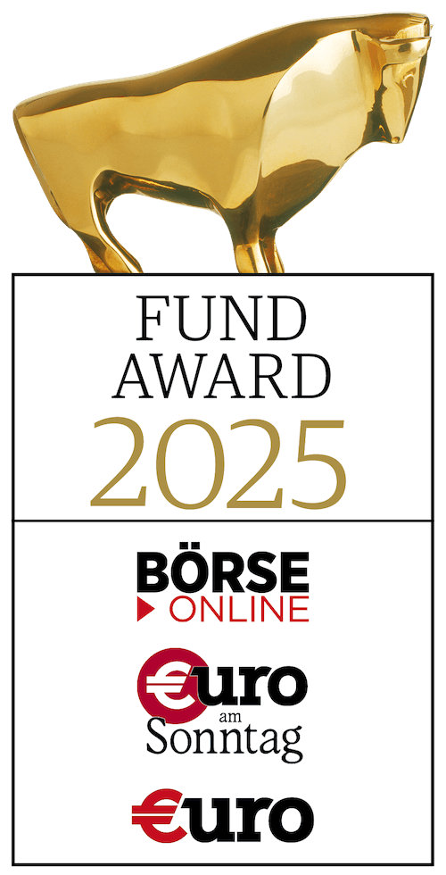 Siegel FUND AWARD 2025, oben ein goldener Bulle und unten der Schriftzug "FUND Award 2025, Börse Online, Euro am Sonntag, Euro"