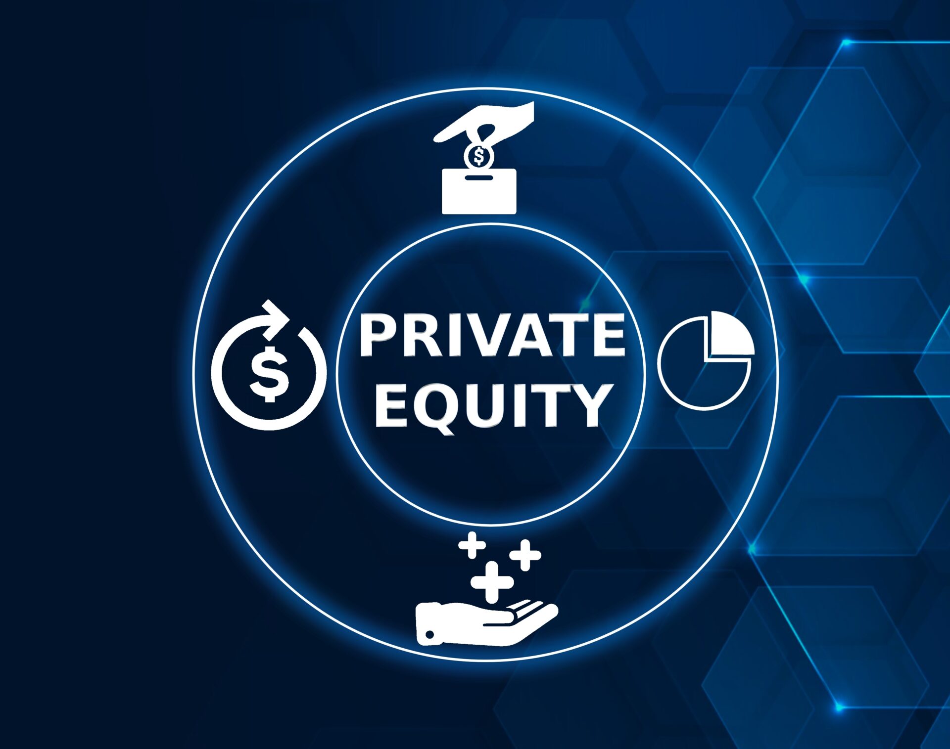 Ein Kreis mit 4 Icons und in der Mitte der Schriftzug "Private Equity"
